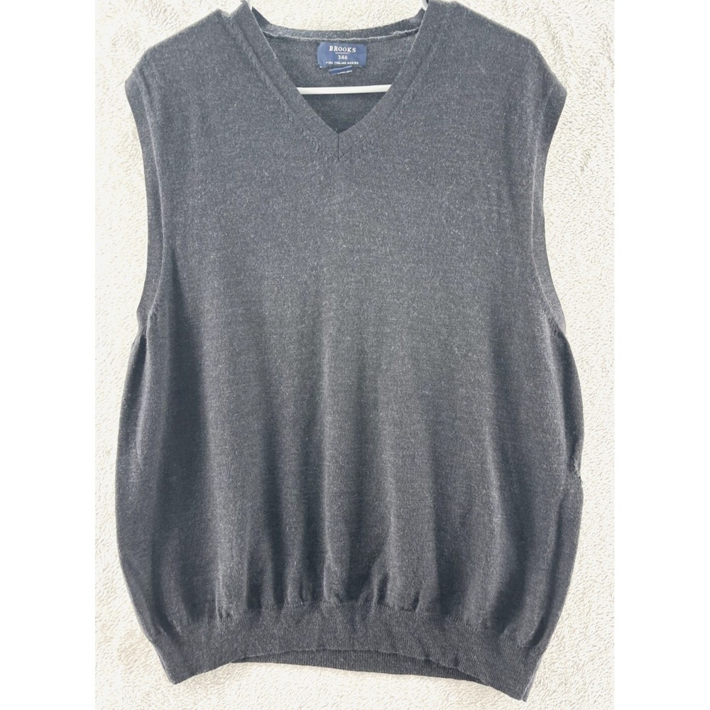 Brooks 346 Sweater Vest Mens Large Merino Wool Grey Sleeveless V Neck